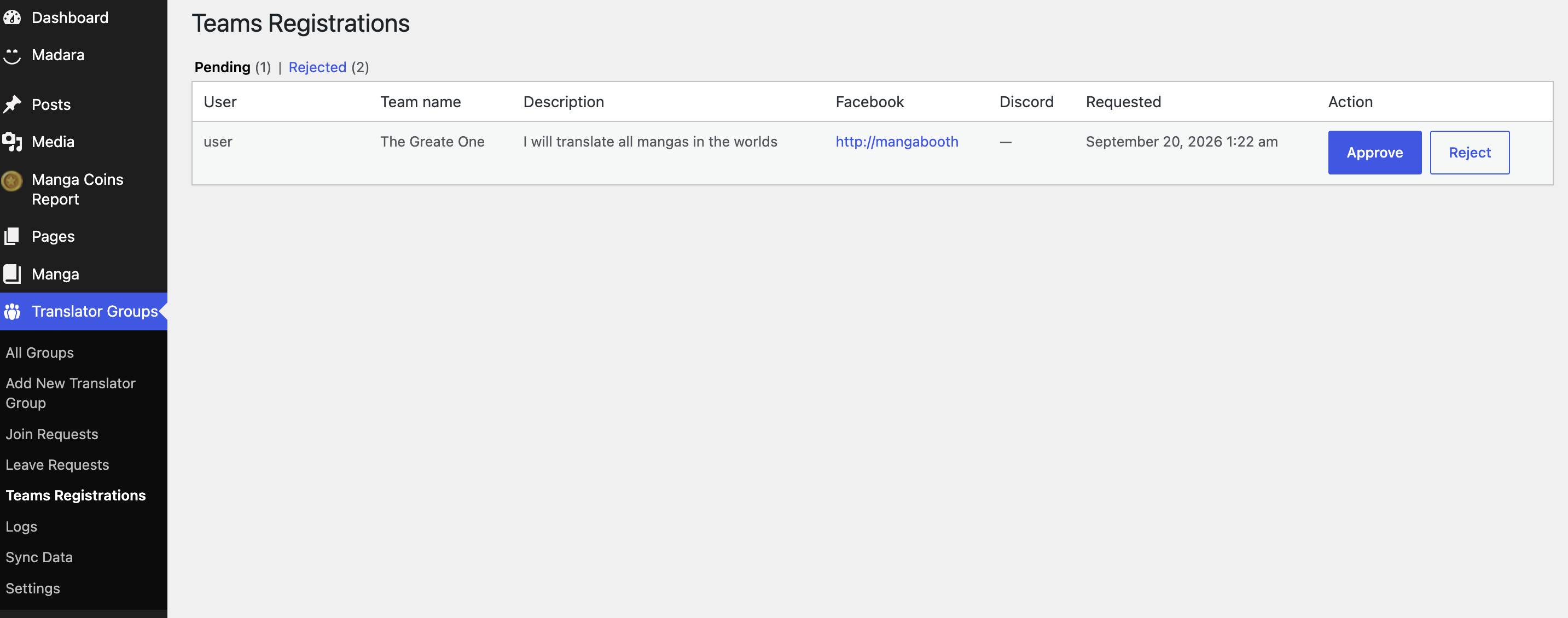 Pending registration request